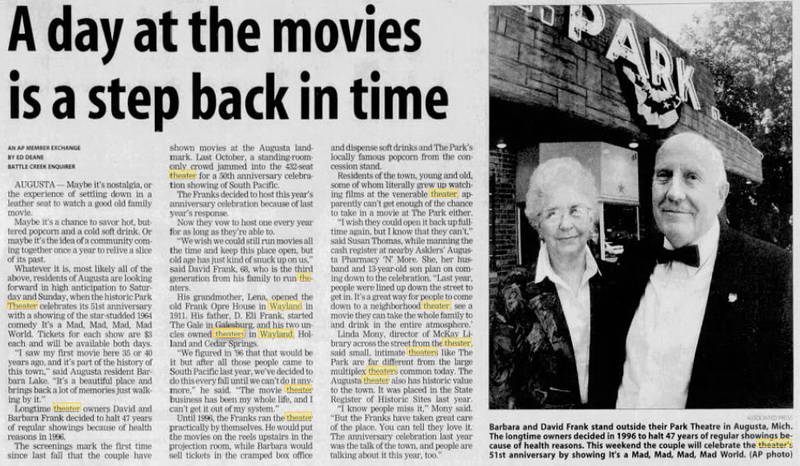 Park Theatre - Oct 13 2000 Article (newer photo)
